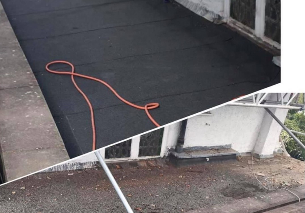 A flat extension roof being re-covered next to a bay window, EPDM rubber flat roofing by GMG Roof Experts in Hillingdon