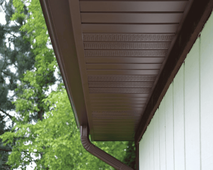 Vented uPVC soffit and gutter along an eaves, renewed by GMG Roof Experts in Hillingdon