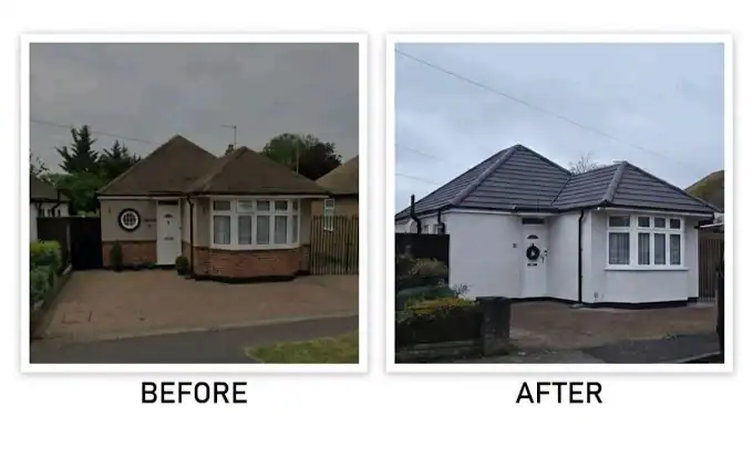Before and after of a roof that a survey recommended re-roofing, by GMG Roof Experts in the Hillingdon area